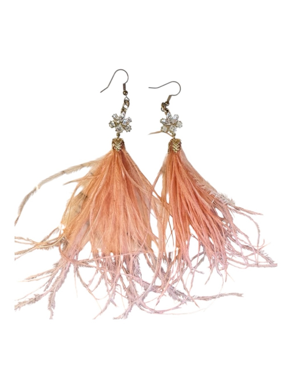 Blush Pink Ostrich Feather Rhinestone Tassel Statement Earrings Boho Coquette
